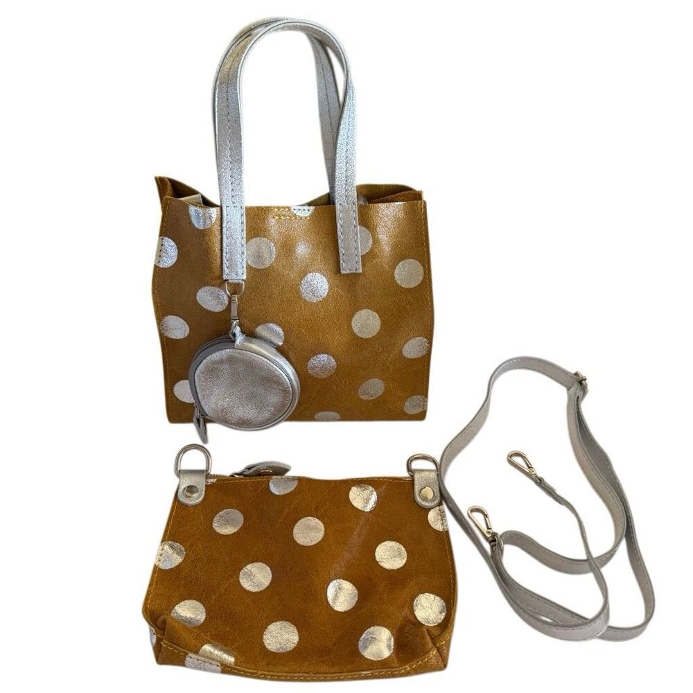 Uno Alla Volta Borse In Pelle Three Piece Bag Camel Leather W/Silver Polka Dots